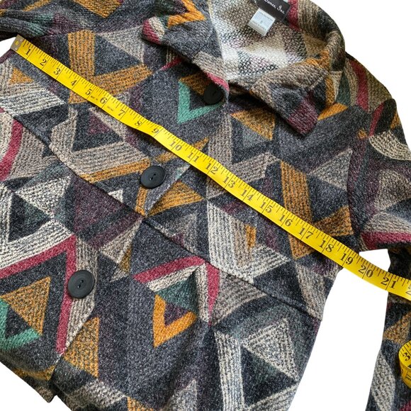 Damee Peplum Button Sweater Jacket Sz S Flare Sleeve Geometric Artsy Lagenlook - Picture 12 of 13